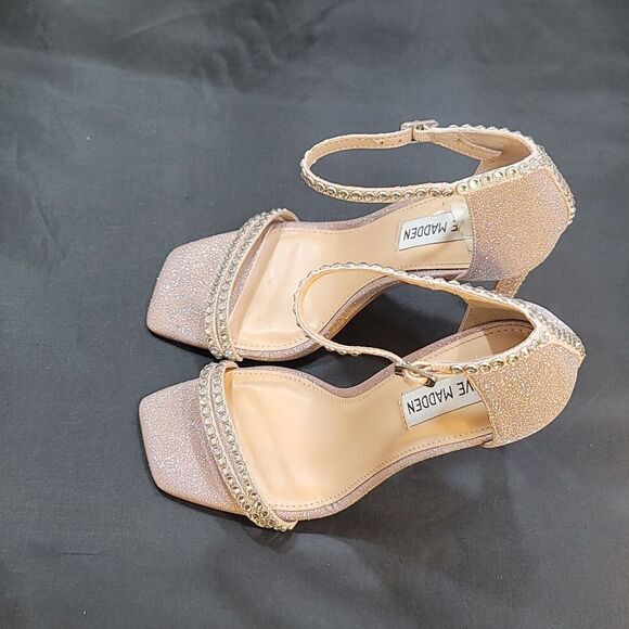 STEVE MADDEN WOMEN'S PINK GLITTER ANKLE STRAP RHINESTONE SQUARE TOE SANDAL - Picture 11 of 16